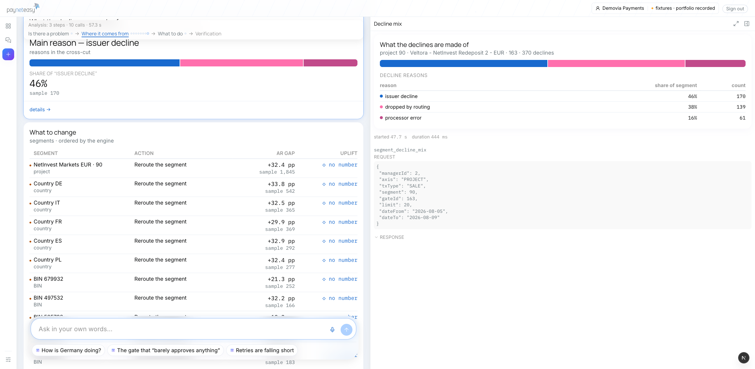 The console mid-analysis: tool cards on the left, the selected call opened down to its raw JSON answer on the right.